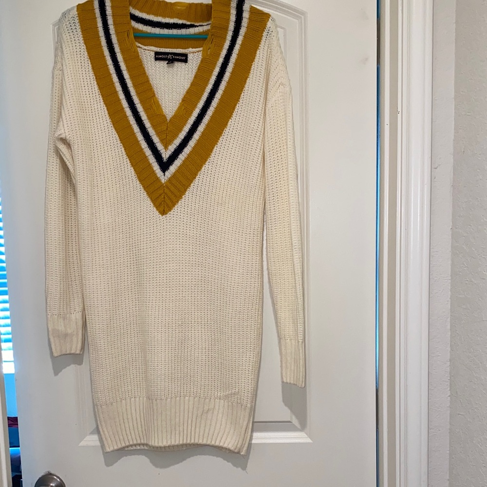 Almost Famous Cream Long Sleeve Dress with Mustard and Black Stripes